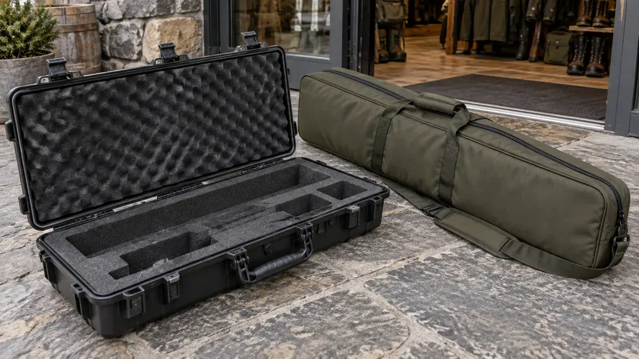 Illustration of an empty protective hard case beside an olive soft case outside a sporting shop
