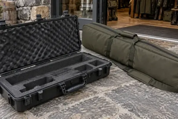 Illustration of an empty protective hard case beside an olive soft case outside a sporting shop